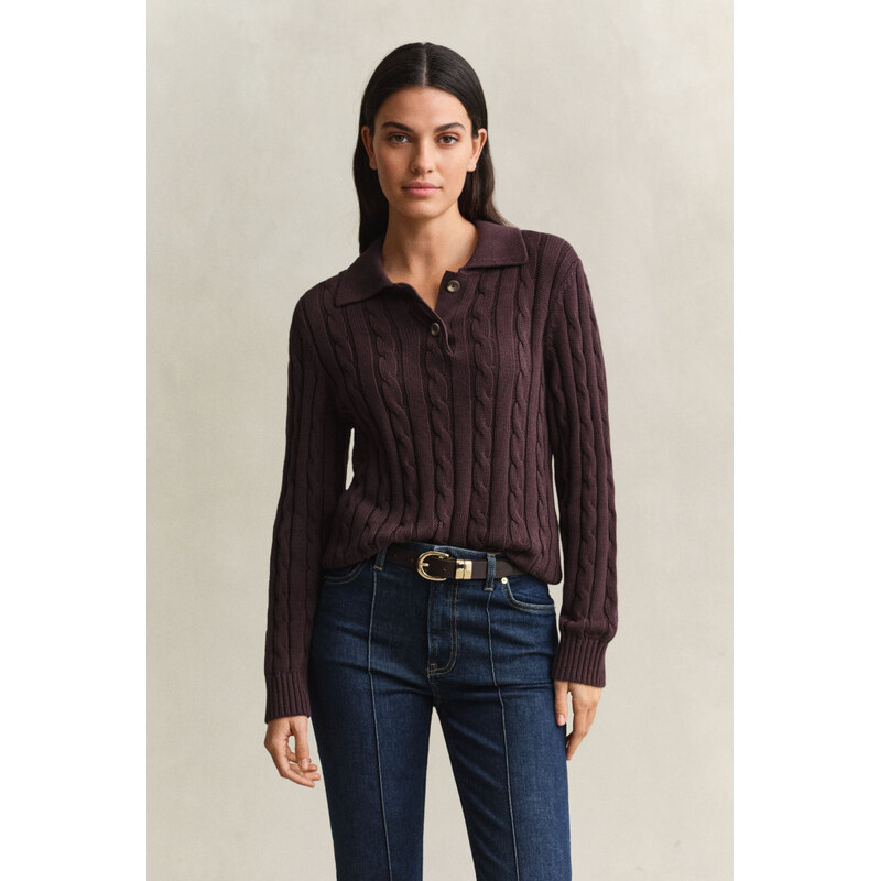 SVETR GANT COTTON CABLE KNIT RUGGER DEEP BROWN