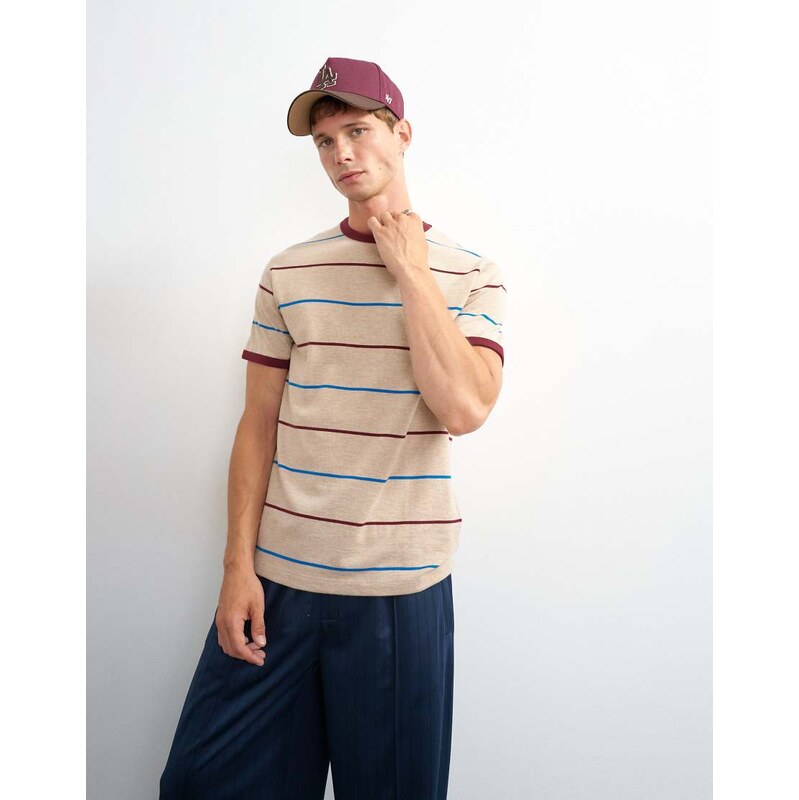 Topman classic fit striped t shirt in oatmeal-Neutral