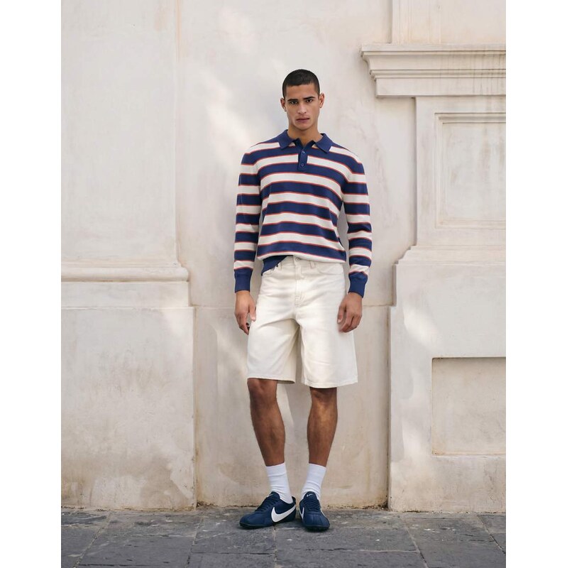 Topman regular fit striped knitted polo in navy
