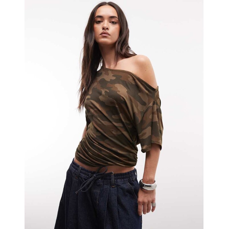 COLLUSION off shoulder drapey top in camo print-Green
