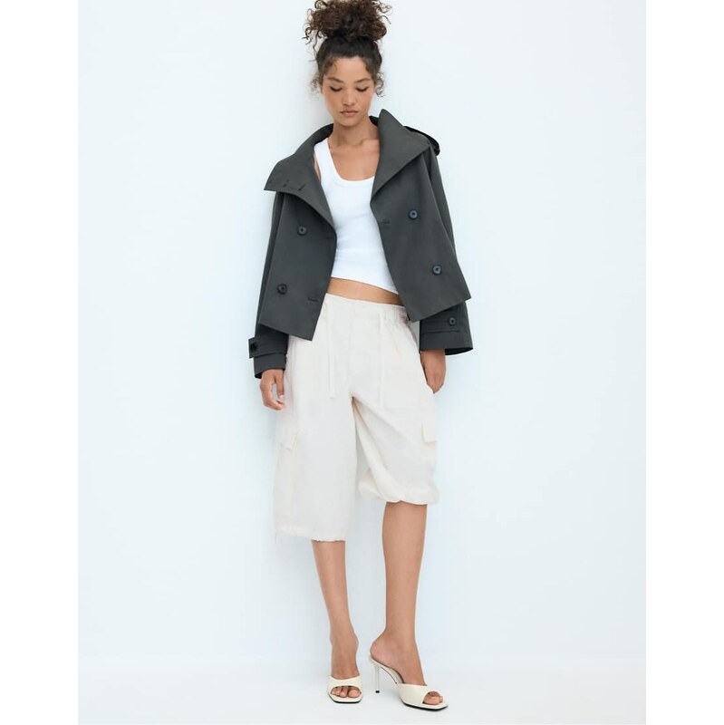 Stradivarius High neck trench coat with belt in dark grey