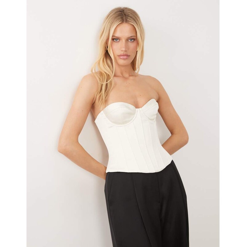 Oh Polly satin lace up corset in ivory-White
