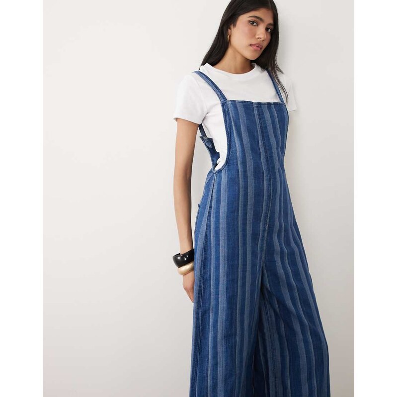 ASOS DESIGN soft denim wide leg jumpsuit in blue stripe-Multi