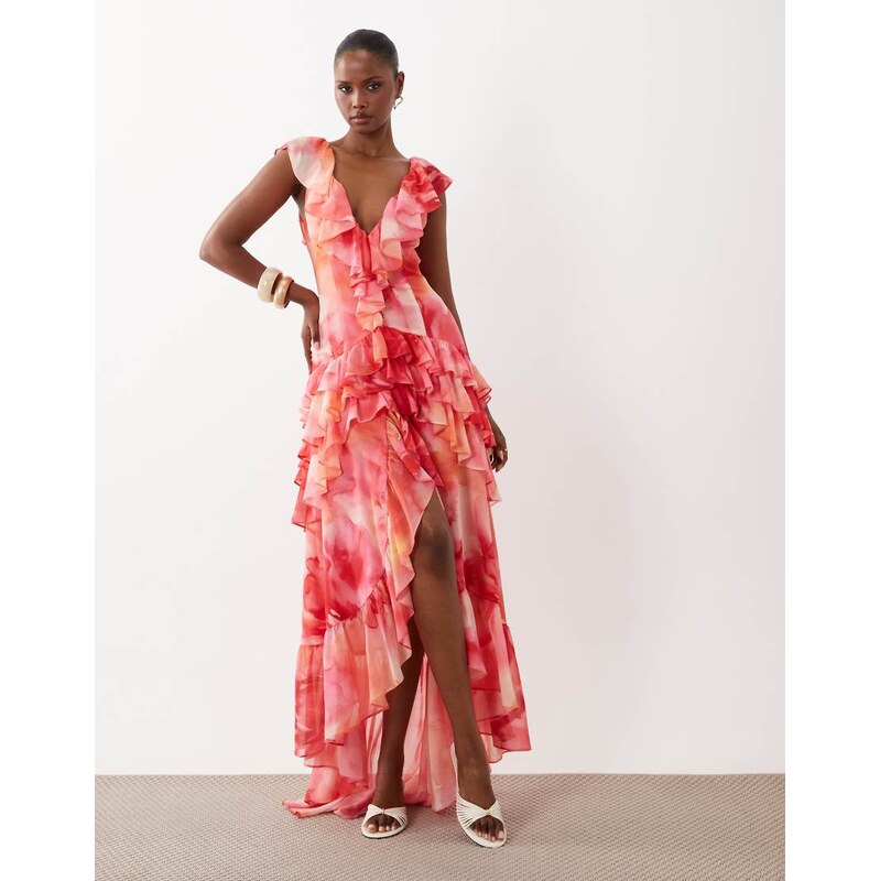 Wanderdoll Cara plunge neck ruffle tiered maxi dress in sunset