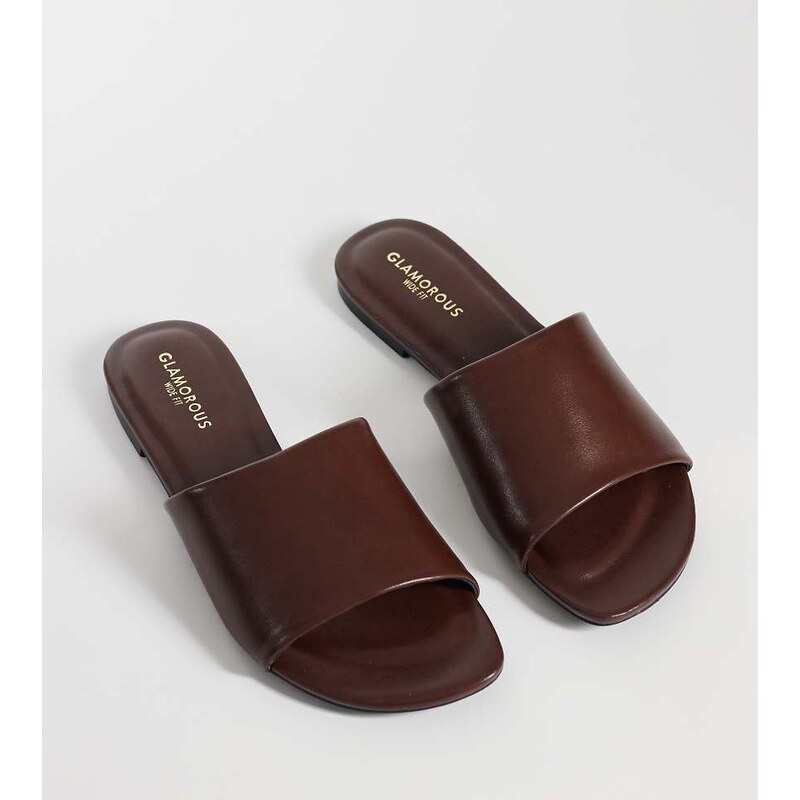 Glamorous Wide Fit slip on sandals in chocolate-Brown