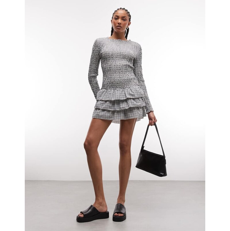 Daisy Street long sleeve drop waist shirred ruffle mini dress in