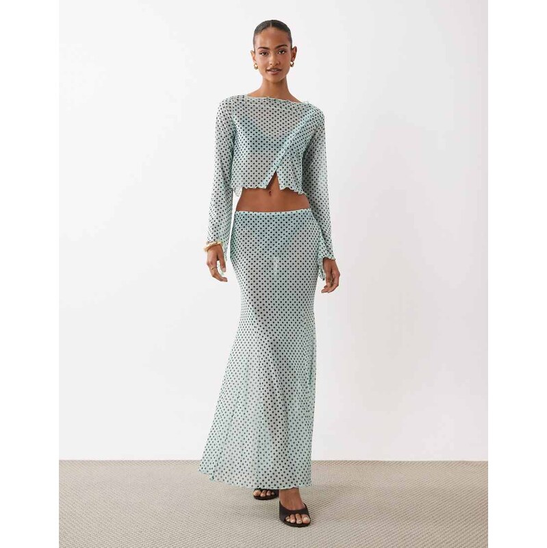ASOS DESIGN mesh co-ord printed maxi skirt in blue polka dot
