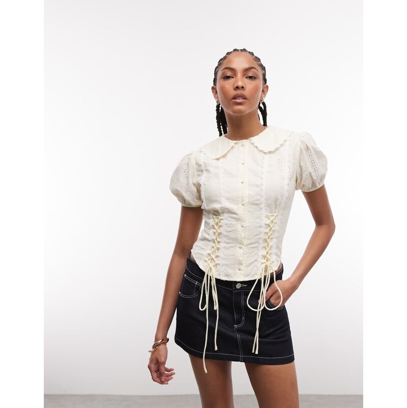 Daisy Street boho button down tie side blouse in buttermilk