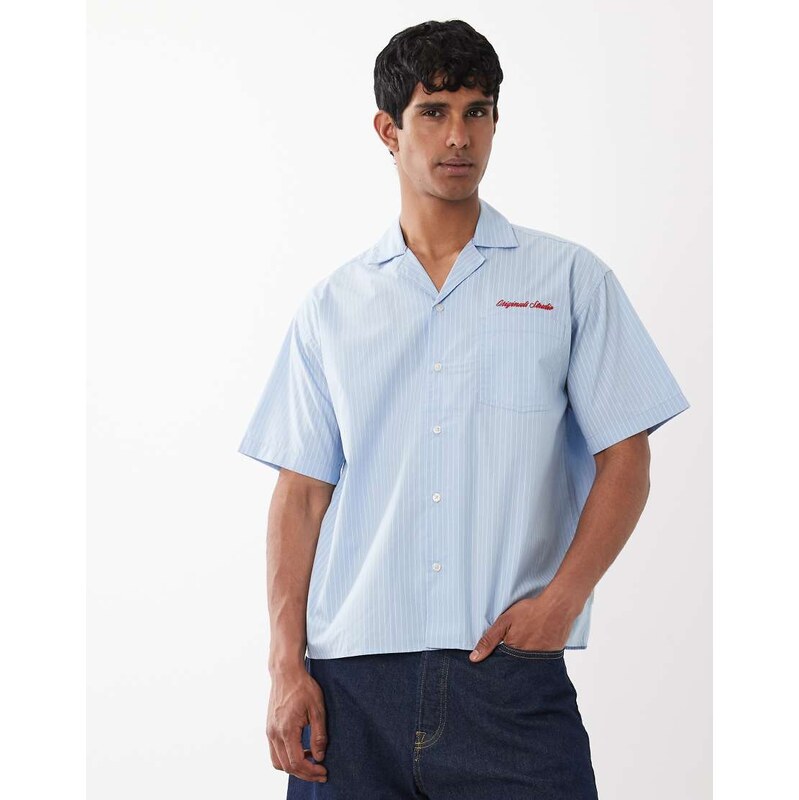 Jack & Jones short sleeve stripe poplin shirt with embroidery in
