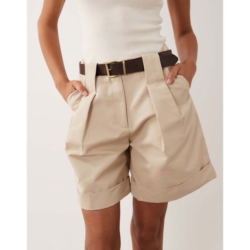 ASOS DESIGN Tailored belted turn up shorts in stone-Neutral