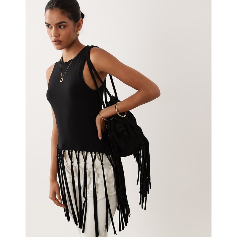 ASOS DESIGN tank top with tassel fringed hem in black