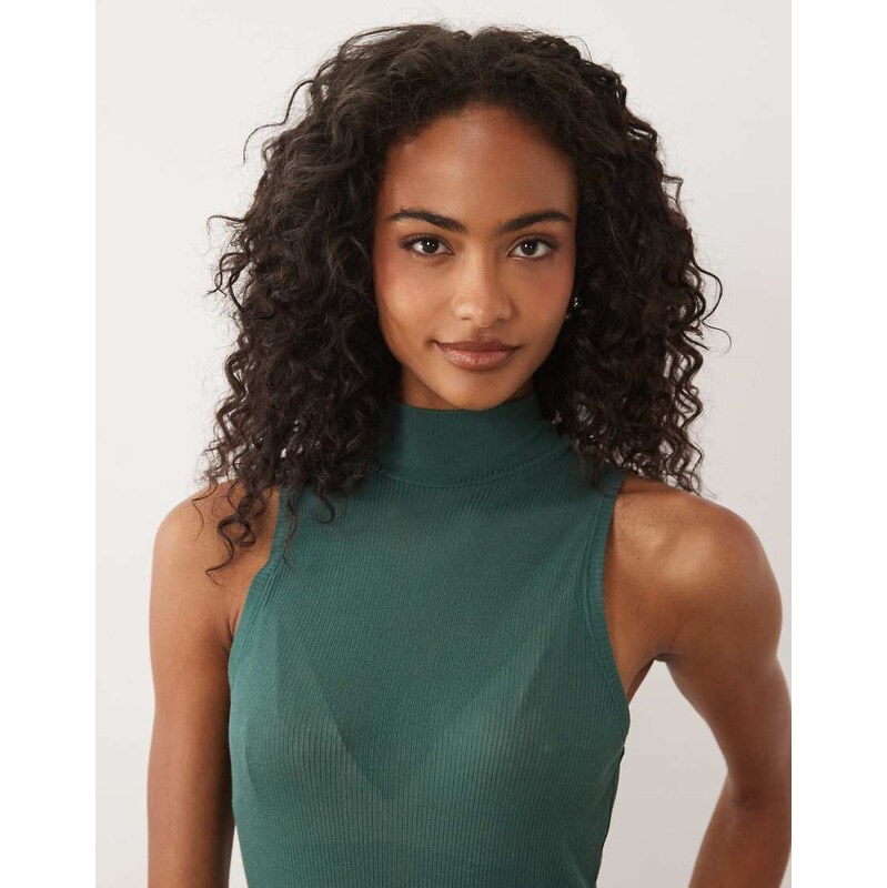 ASOS DESIGN fine rib high neck sleeveless tank in green