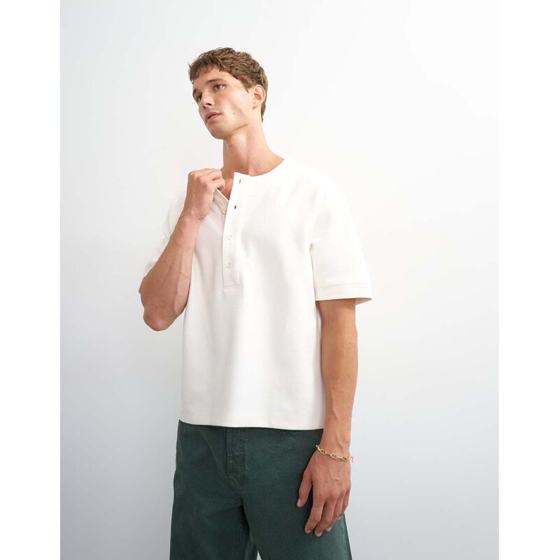 Topman relaxed fit jersey twill baseball henley shirt in ecru