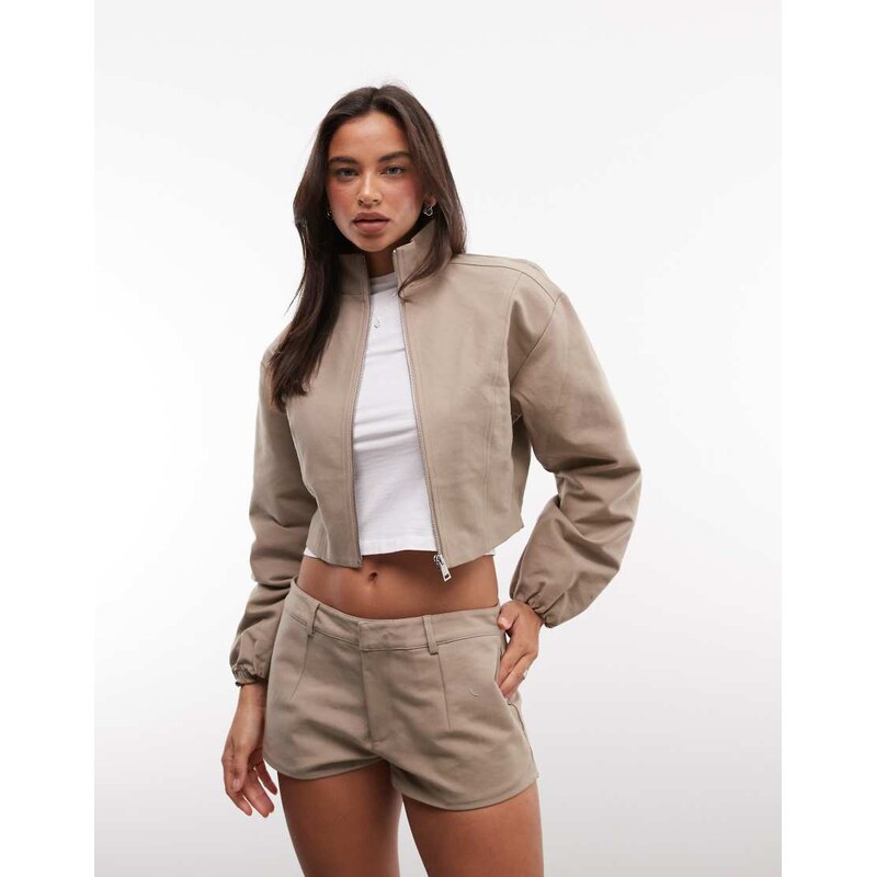 Cernucci cropped funnel neck twill jacket co-ord in beige