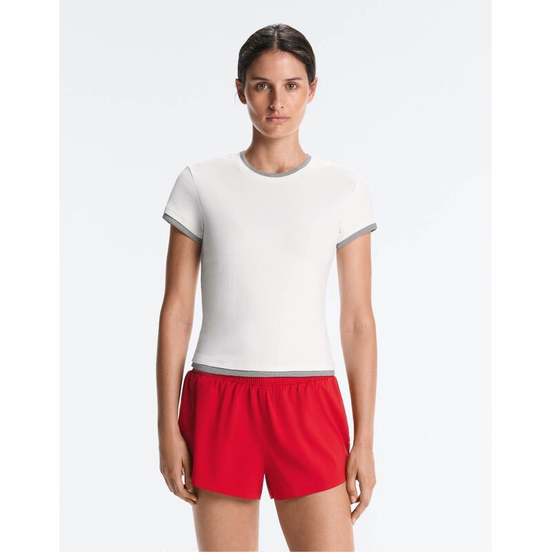 OYSHO Cotton blend double rib effect short sleeve t-shirt in off