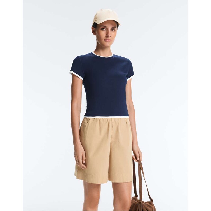 OYSHO Cotton blend double rib effect short sleeve t-shirt in