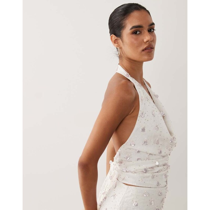 ASOS DESIGN embellished detail halter co-ord top in white