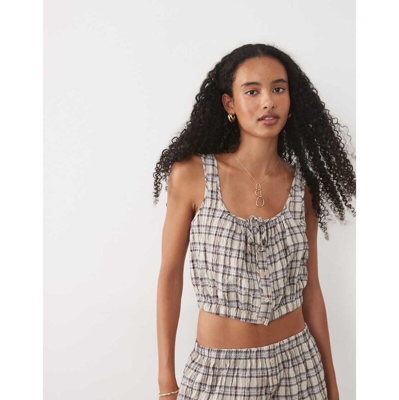ASOS DESIGN babydoll cropped tie front top in brown check co ord