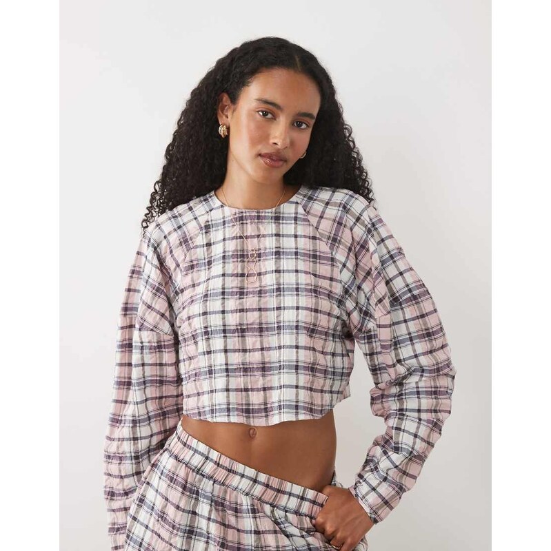 ASOS DESIGN cocoon sleeve cropped shirt in pink check co ord