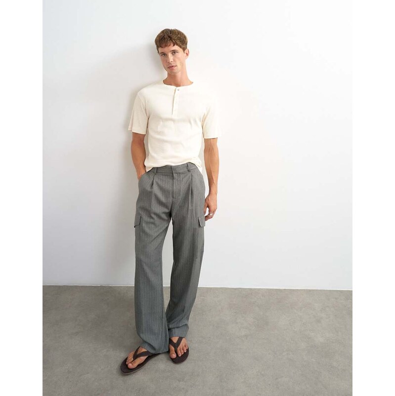 Topman wide leg stripe cargo trouser in charcoal-Grey