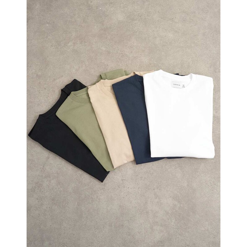 Topman 5 pack classic fit t-shirt in black, white, khaki, navy