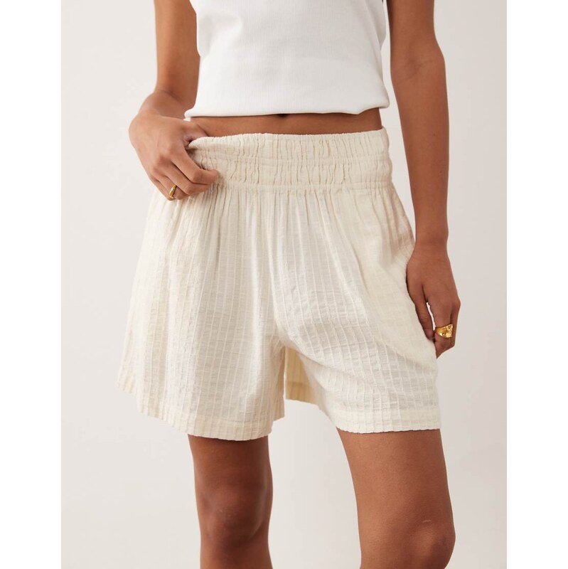 Vila shirred waist textured shorts in cream-White