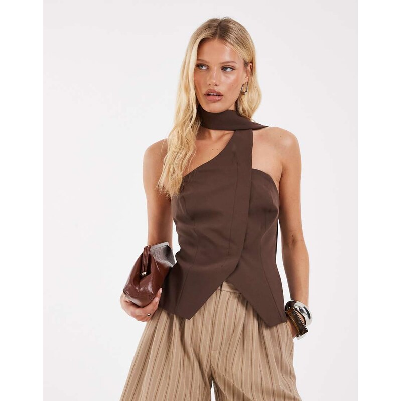 ASOS DESIGN bandeau waist coat with wrap neck scarf detail-Brown