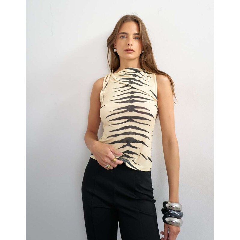 Topshop printed microfibre fold over tie shoulder top in zebra