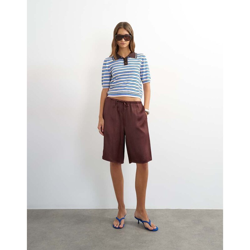 Topshop satin longline bermuda shorts in chocolate-Brown