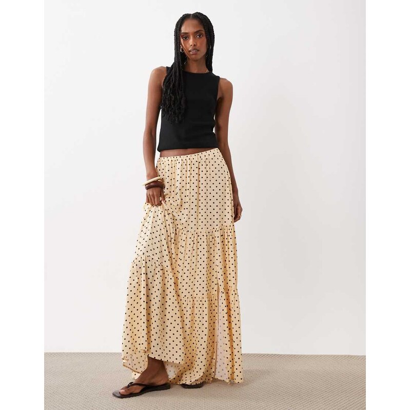 Miss Selfridge tiered spun maxi skirt in butter & choc polka dot