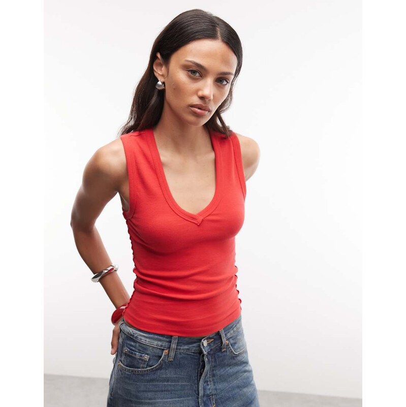 COLLUSION low v neck exposed seam ribbed vest in red