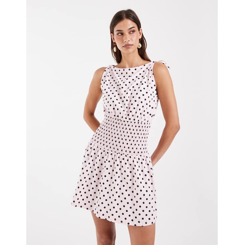 ASOS DESIGN polka dot shirred waist mini dress in pink and brown
