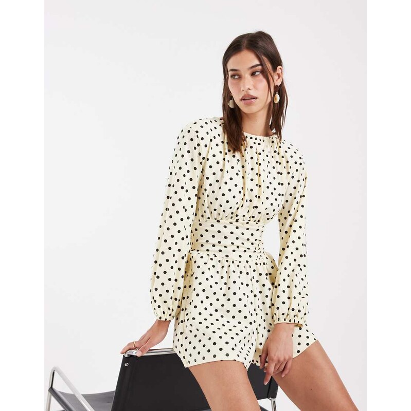 ASOS DESIGN polka dot cinched waist playsuit in lemon and brown