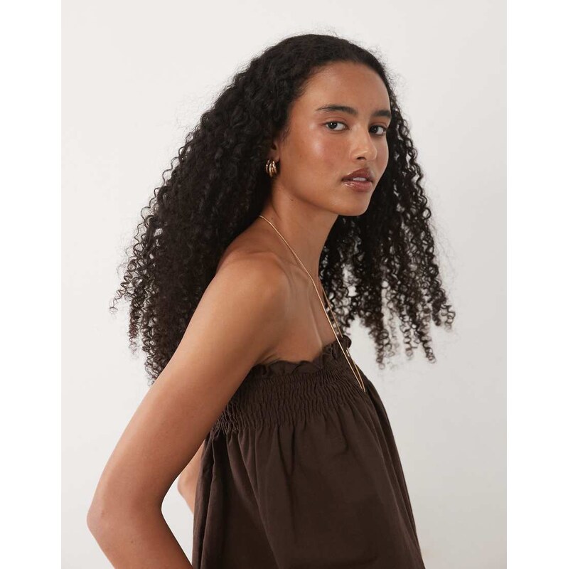 ASOS DESIGN linen blend shirred bandeau top co ord in chocolate
