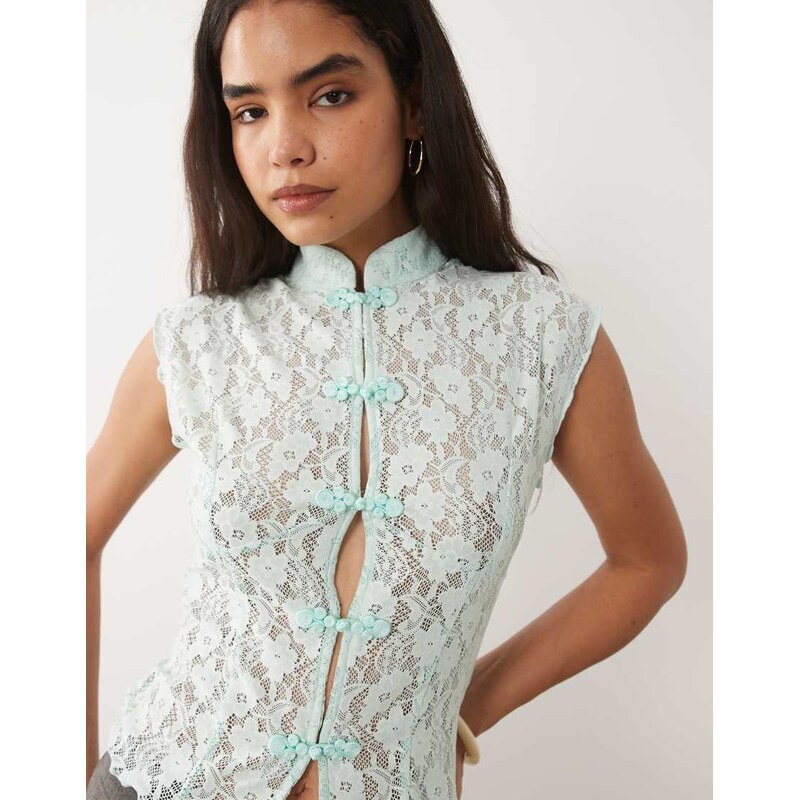 ASOS DESIGN lace rouleaux loop detail waist coat in blue