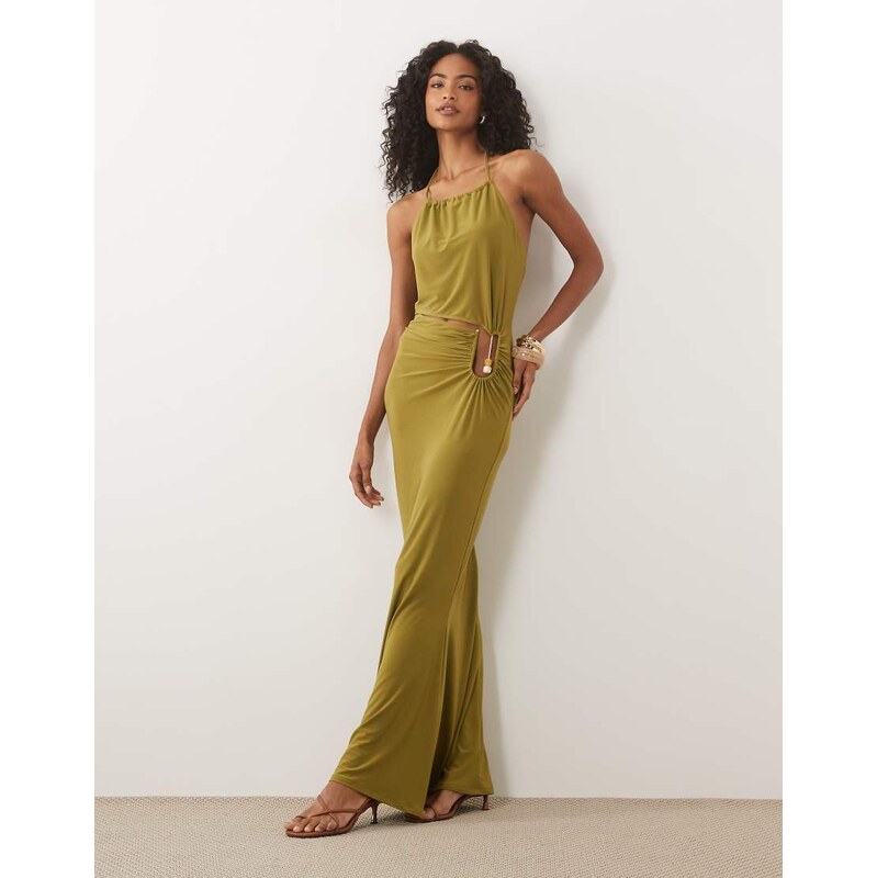 ASOS DESIGN sculpting high neck maxi dress with trim in olive