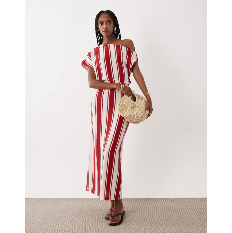 ASOS DESIGN off shoulder with pleat midi dress in stripe-Multi