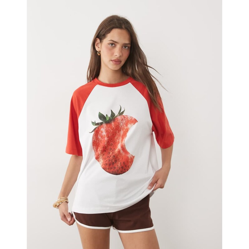 ASOS DESIGN oversized raglan t-shirt with strawberry graphic in