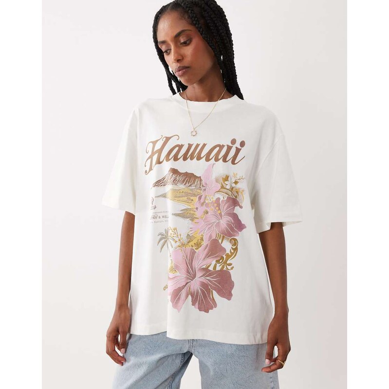 ASOS DESIGN oversized t-shirt with Hawaii graphic in cream-Multi