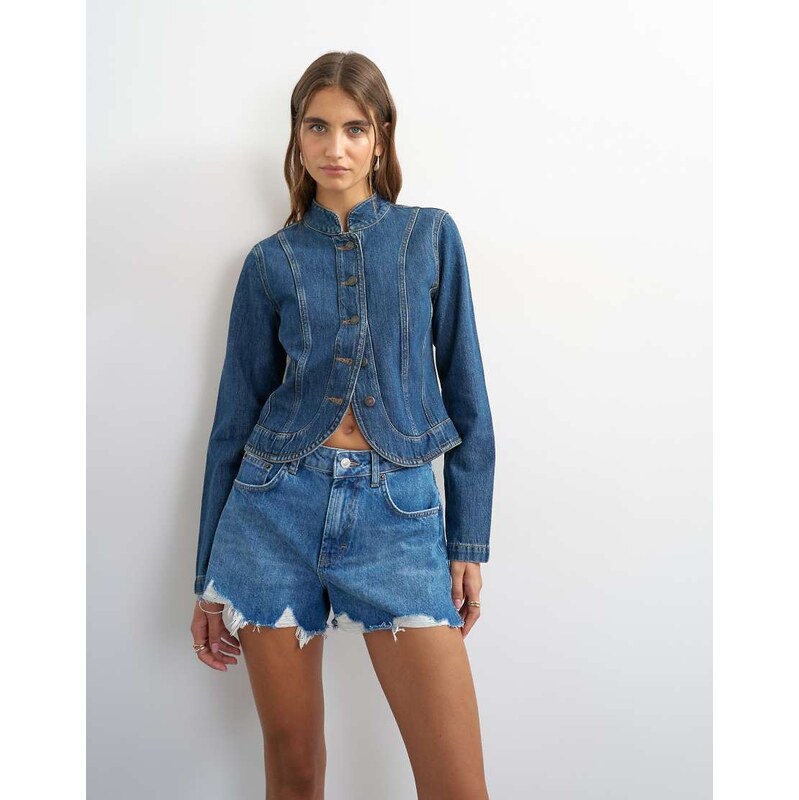 Topshop denim distressed split a-line short in rich blue