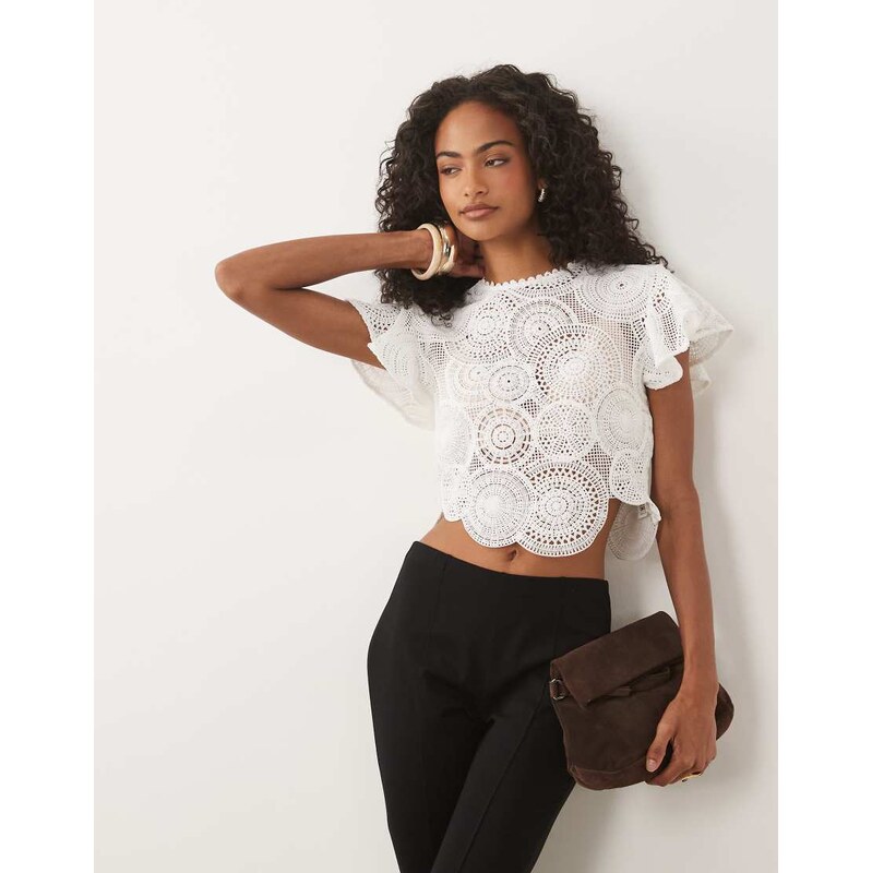 ASOS DESIGN crochet flutter sleeve high neck top in ivory-White