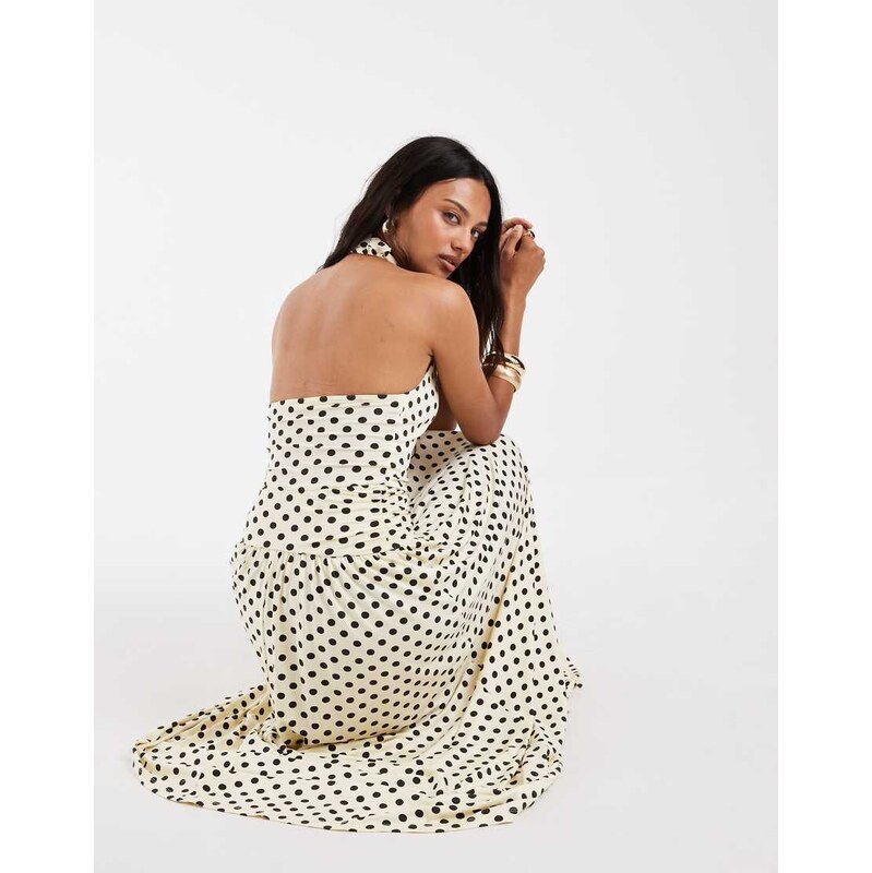 ASOS DESIGN polka dot high neck drop waist midi dress in lemon