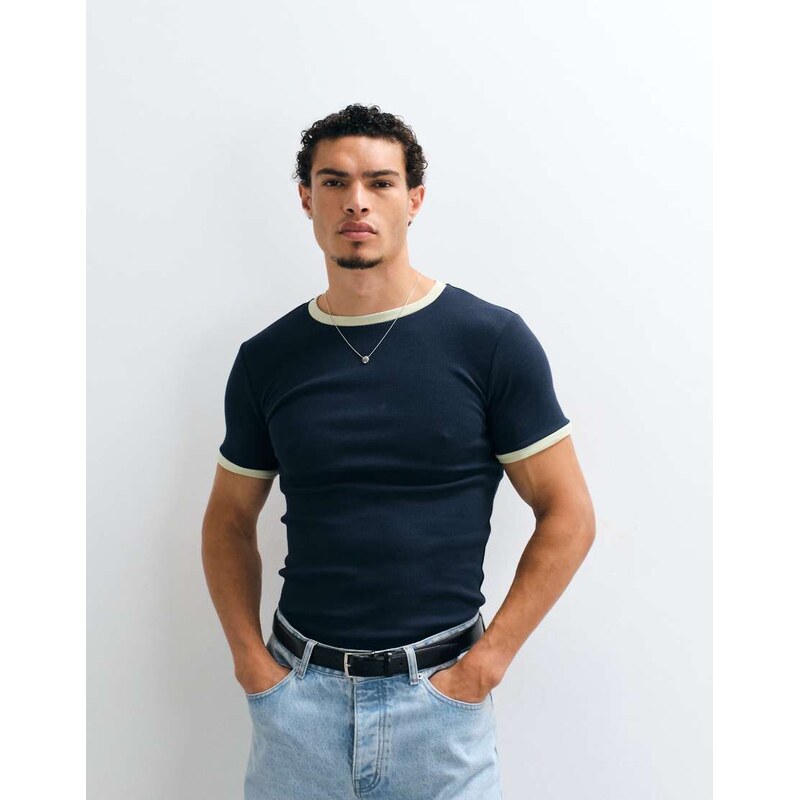 ASOS DESIGN muscle fit t-shirt with ringer detailing in navy and