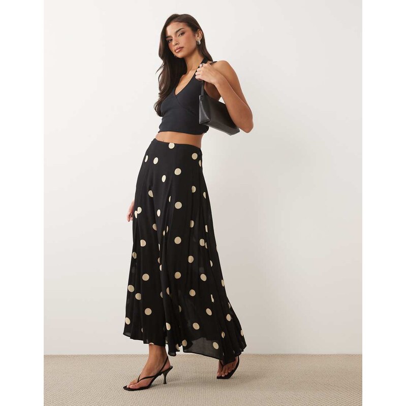 Nobodys Child Selene sheer fluted hem maxi skirt in black polka