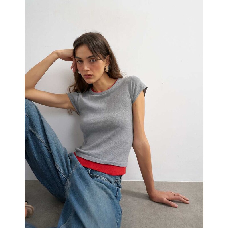 Topshop knitted double layer t-shirt in red and grey-Multi
