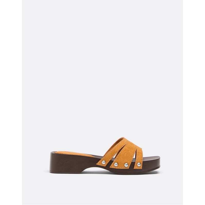 Stradivarius Flat leather clogs in combined-Multi