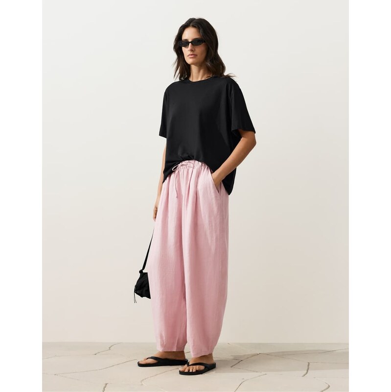 OYSHO 100% linen pleated balloon trousers in dusty pink