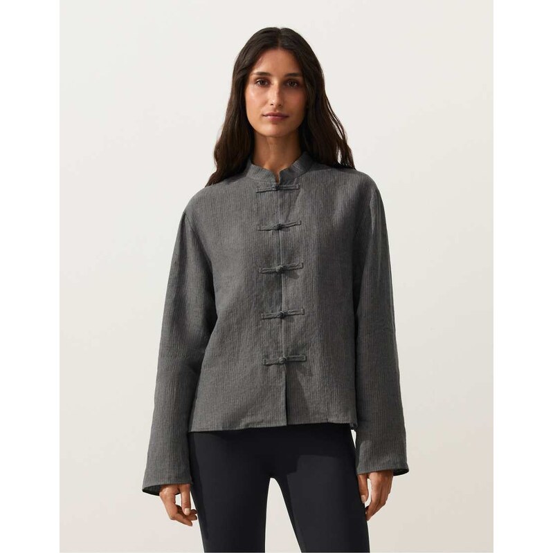 OYSHO 100% linen stand-up collar jacket with buttons in dark