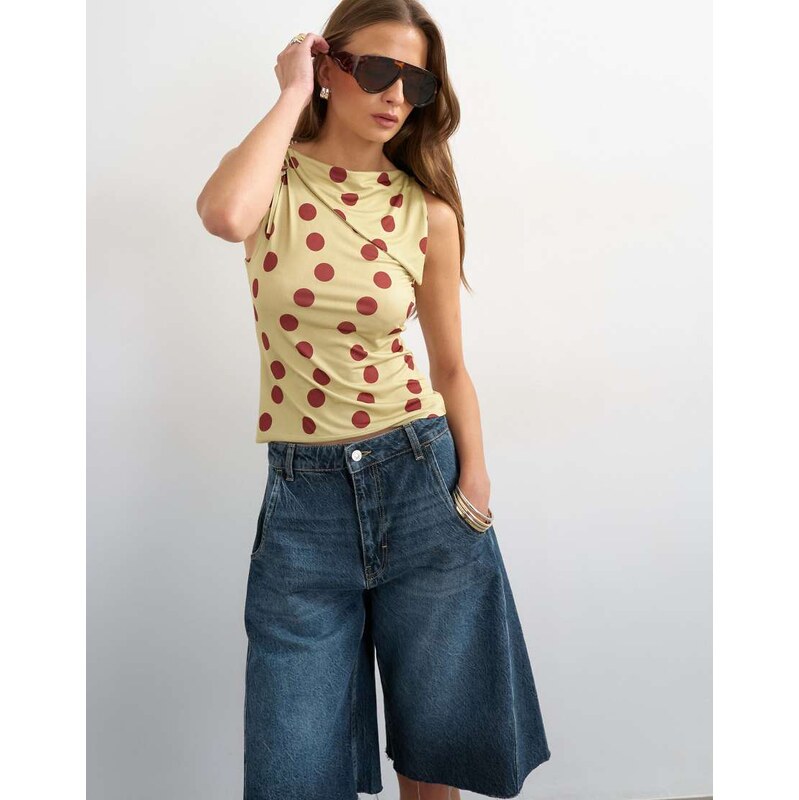 Topshop polka dot microfibre fold over tie shoulder top in green