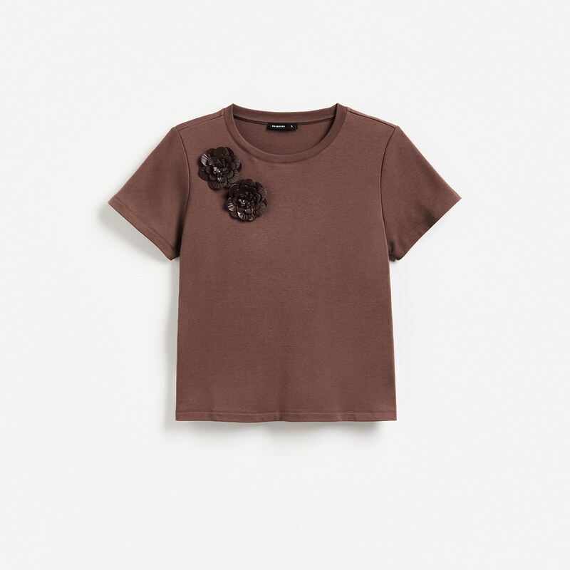 Reserved - T‑shirt s dekorativními aplikacemi - tmavě hnědá